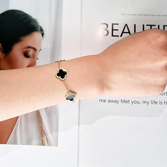 Pulseira de Ouro 18k Feminino Trevo Preto - Inspiração Van Cleef