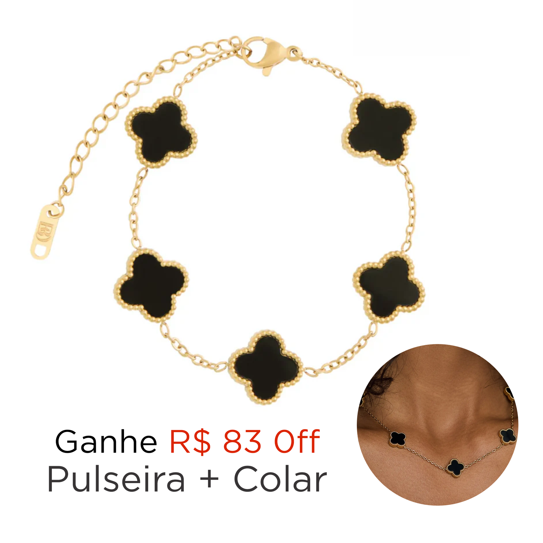 Conjunto de Colar e Pulseira Trevo Preto Banhado em Ouro 18k