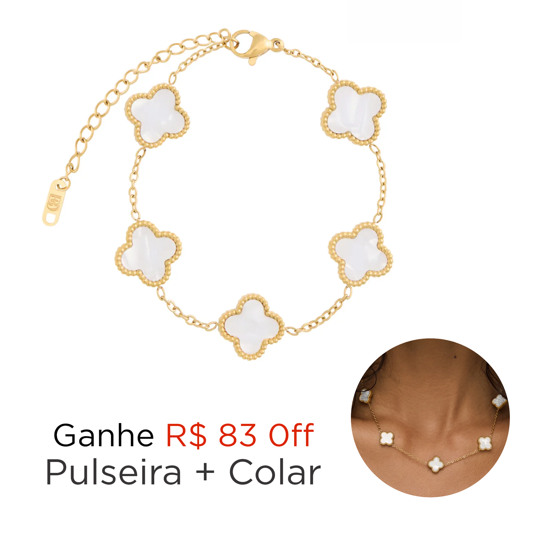 Conjunto de Colar e Pulseira Trevo Preto Banhado em Ouro 18k