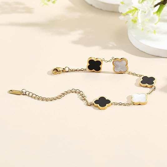 Pulseira de Ouro 18k Feminino Trevo Preto - Inspiração Van Cleef