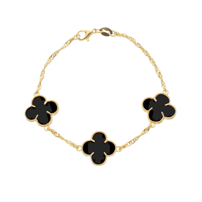 Conjunto de Colar, Brinco e Pulseira Trevo Preto Banhado em Ouro 24k