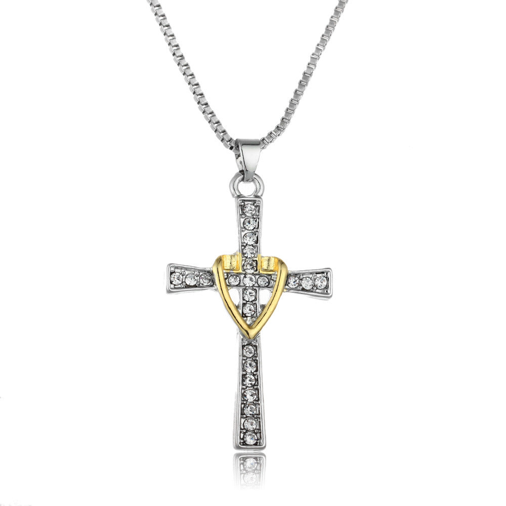 Real gold two-tone cross crystal pendant necklace Men's and women's prayer jewelry Fashion boutique accessories