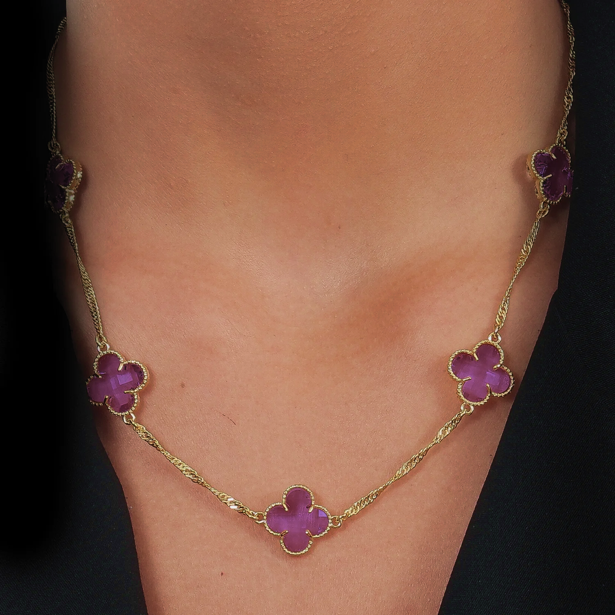 Colar de Ouro Feminino Trevo Rosa Banhado em Ouro 24k