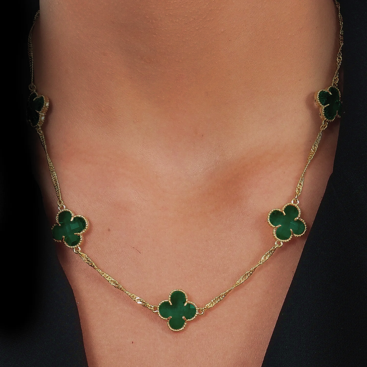 Colar de Ouro Feminino Trevo Verde Banhado em Ouro 24k