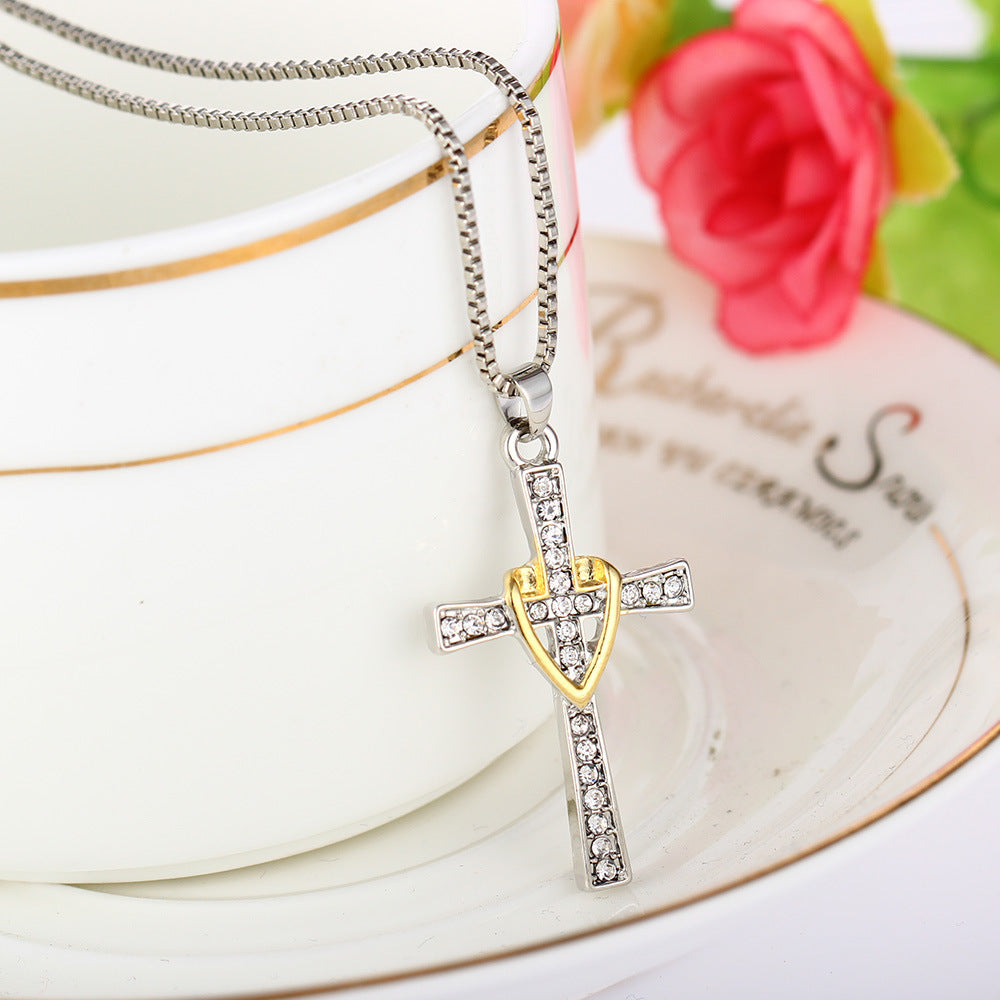 Real gold two-tone cross crystal pendant necklace Men's and women's prayer jewelry Fashion boutique accessories