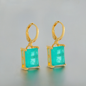 Brincos Argolinha Retangular Verde Banhadas a Ouro