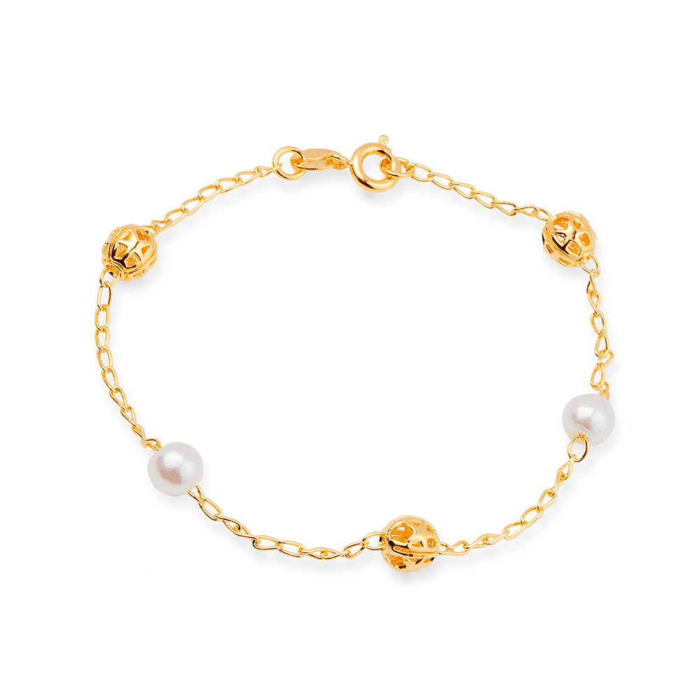 Pulseira de Pérolas e Esferas Vazadas Ouro 24k